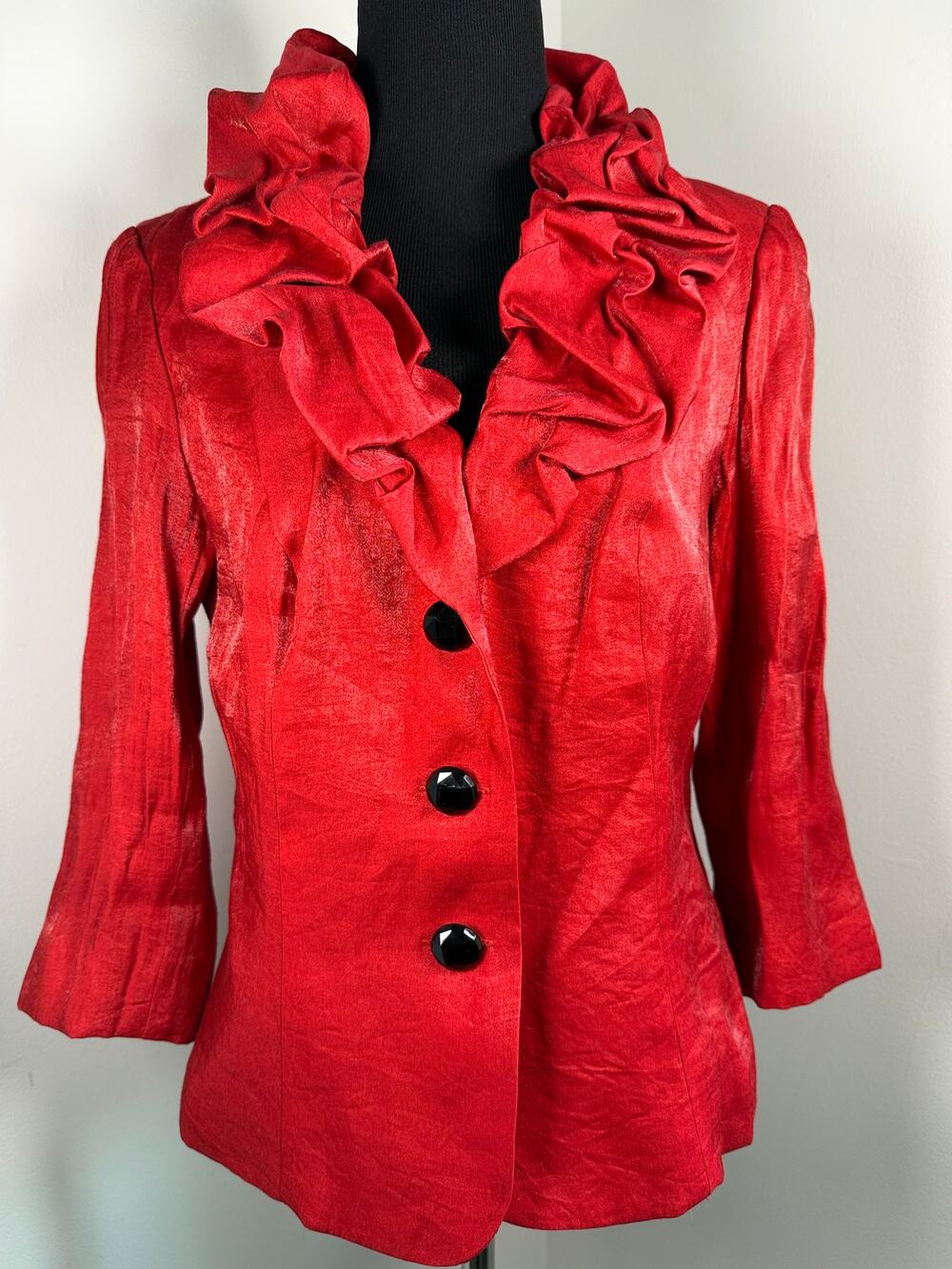 André Oliver Red Ruffle Collar Shimmer Jacket Blazer Size 6 Y2K Partycore